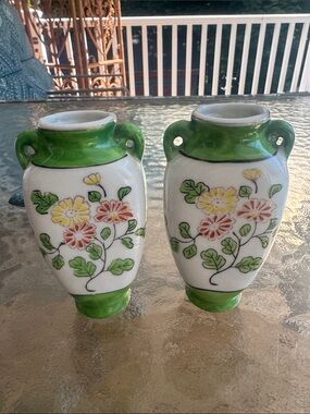 Green and White Floral Ceramic Vases by